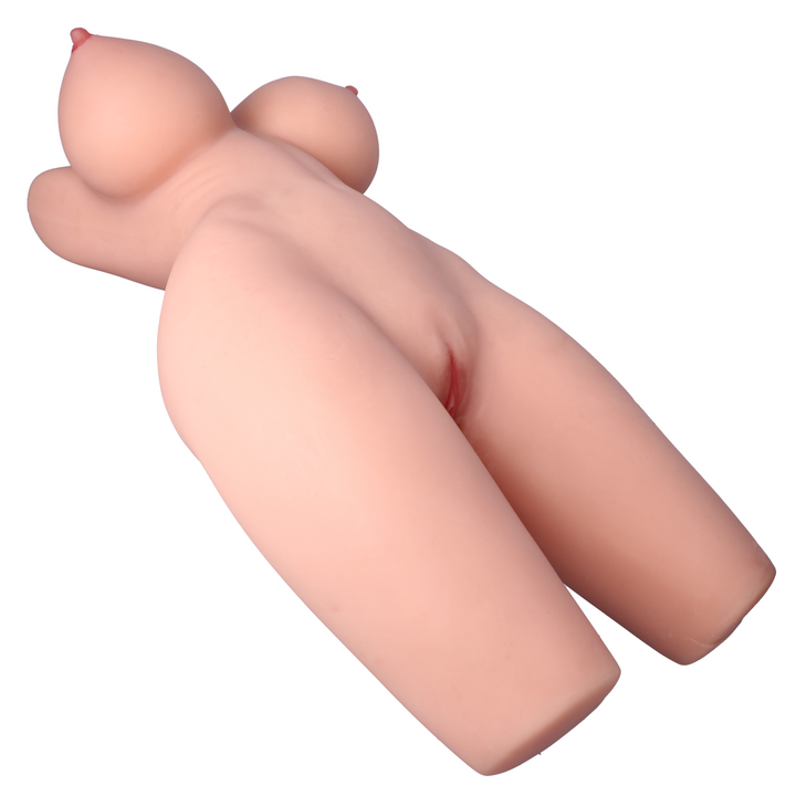 angled side view of beige sex doll with double d breasts 