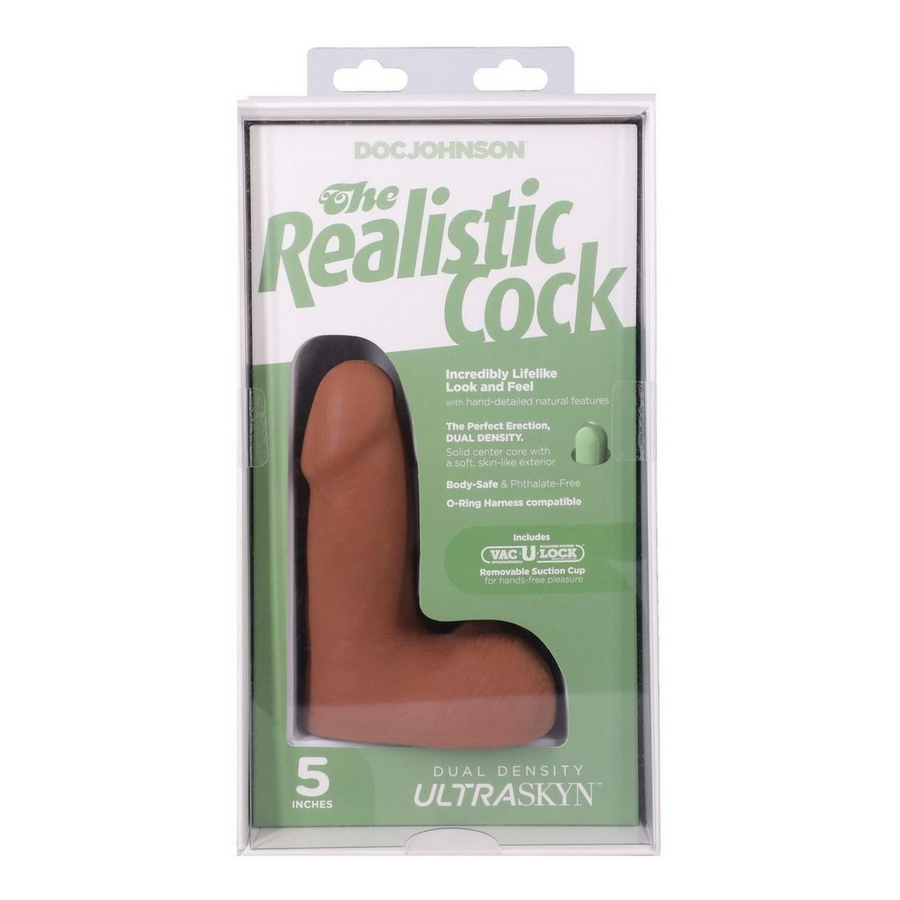 5 Inch Realistic Cock with Balls Ultraskyn Dildo as seen inside packaging 