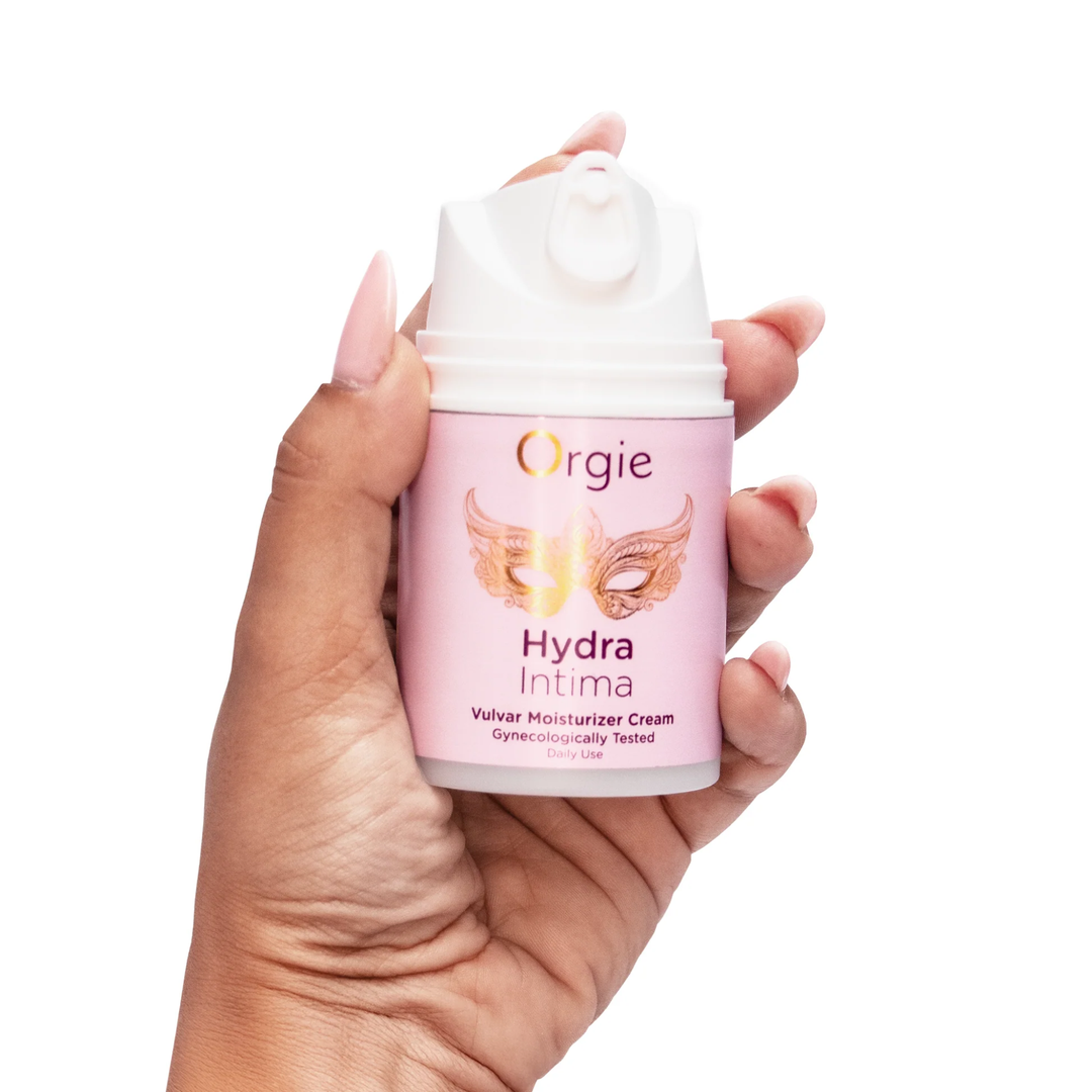 hand holding Orgie Hydra Intimate Vulvar Moisturizer Cream