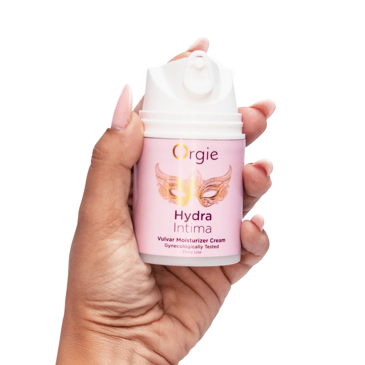 hand holding Orgie Hydra Intimate Vulvar Moisturizer Cream