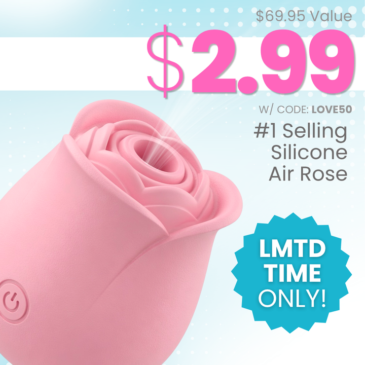 Pink silicone air rose vibrator shown on a light blue and white promotional background with large pink text reading $2.99 and a blue badge that says LMTD TIME ONLY.
