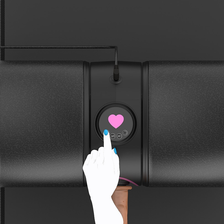 hand pressing power button on Sit and Thrust Automatic Sex Machine