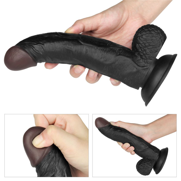 several photos of hand holding black 8.5 Inch dildo