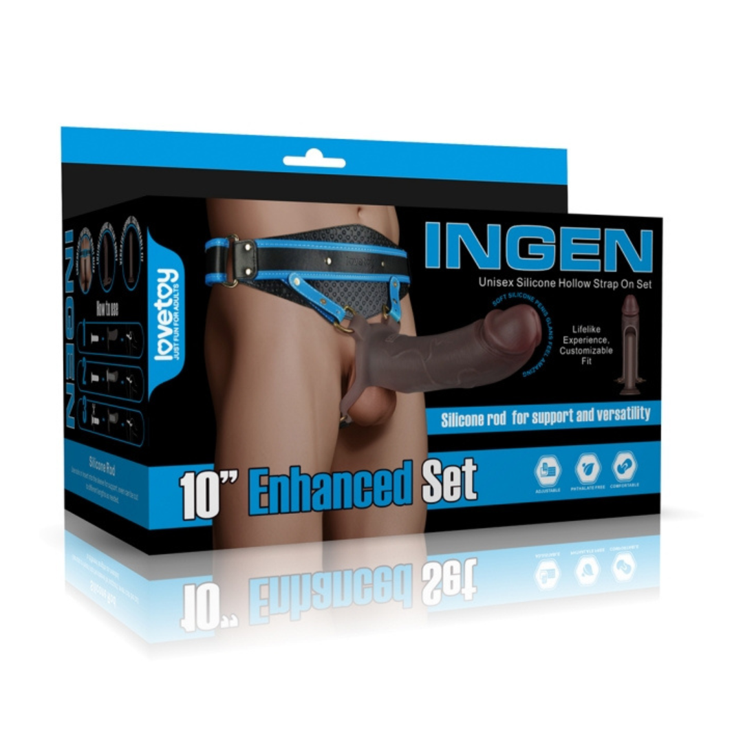 brown INGEN 10" Enhanced Hollow Strap-on Set as seen inside of packaging 