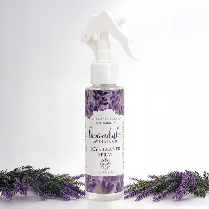 Lavandula Toy Cleaner Spray 4.2oz as seen next to lavender sprigs 