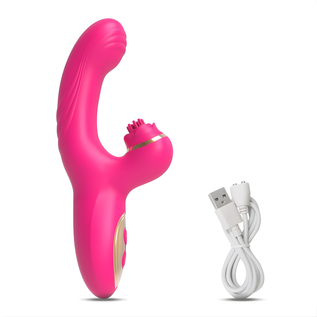 Fingering Clit Tickling Dual Action Vibrator next to charging cable 