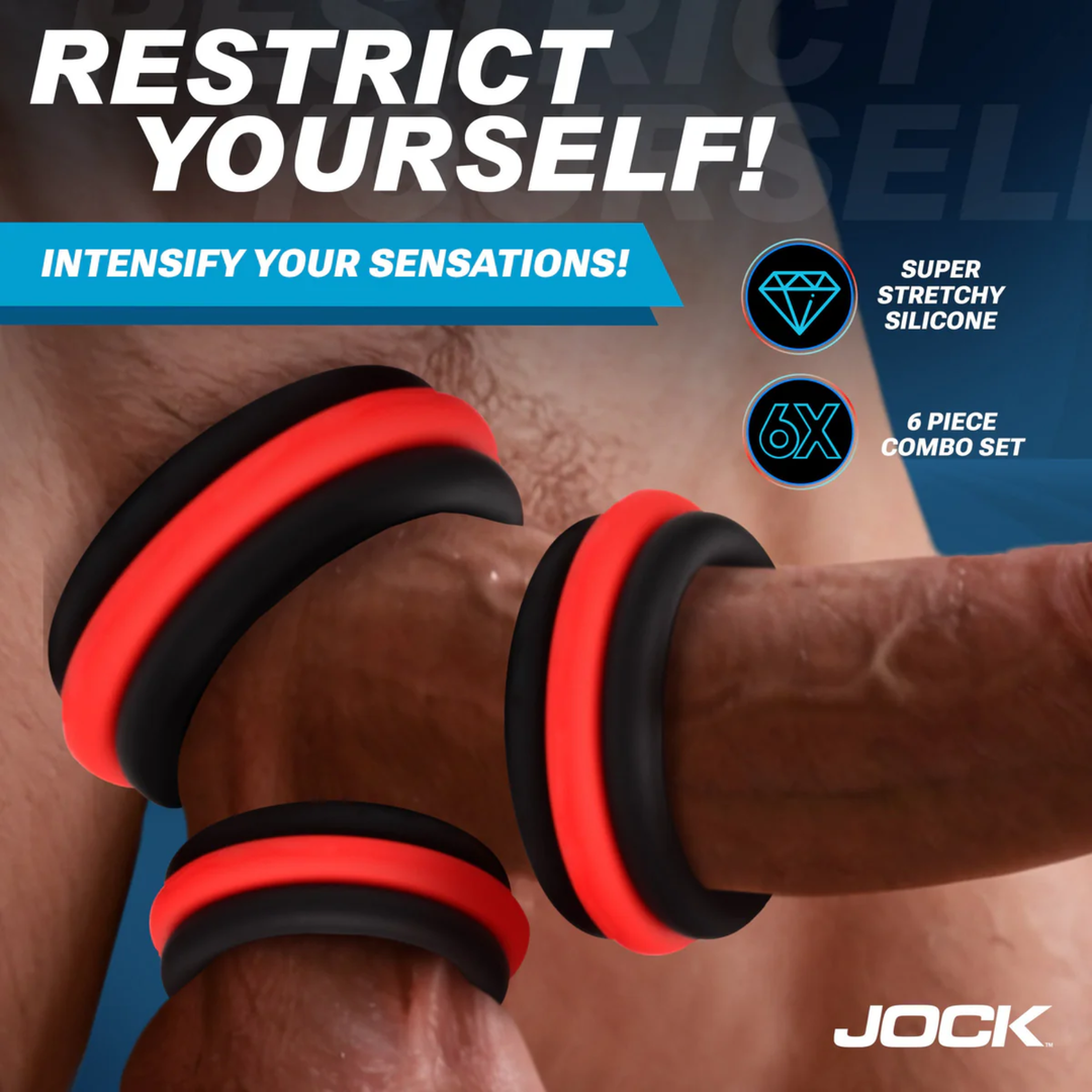 Jock Enhancers 2-in-1 Silicone Cock Ring Set restrict yourself super stretchy silicone, 6 piece combo, intensify your sensations 