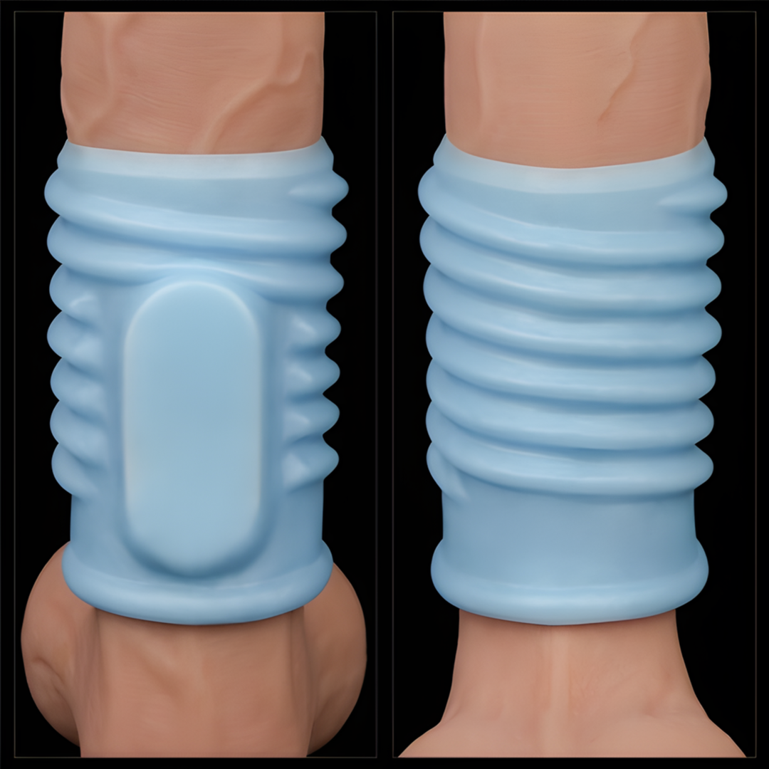 front and backside of Spiral Vibrating Knights Ring as seen on a dildo 