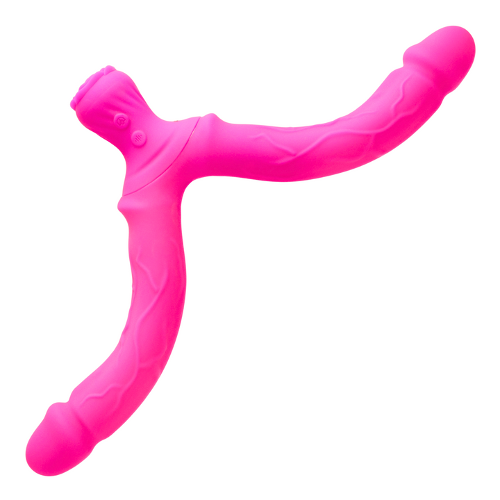 Bendy Double Dildo Vibrator with Clit Teaser both dildo splayed out bent 