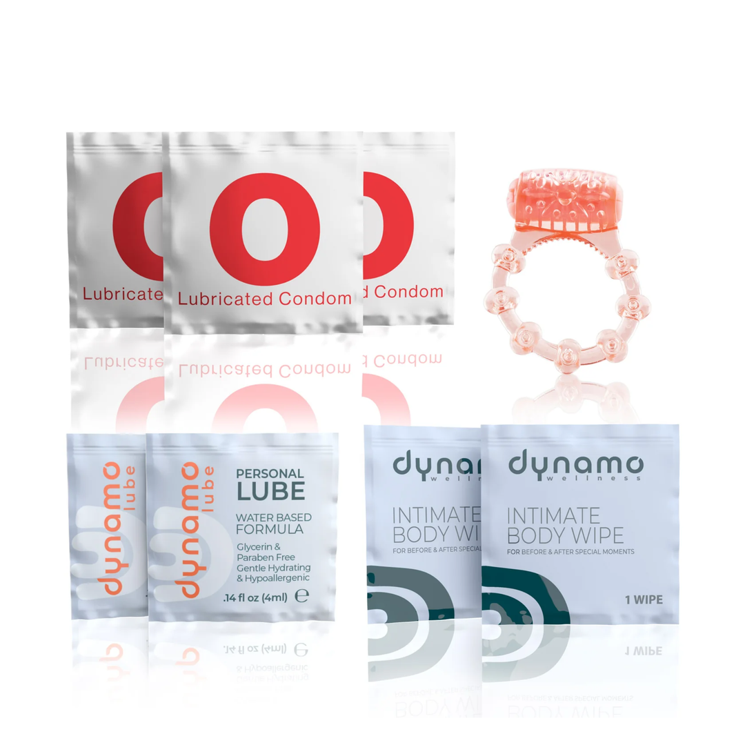 contents from Dynamo Wellness Hook Up Intimacy Kit intimate body wipes, personal lube, lubricated condoms, vibrating cock ring. 