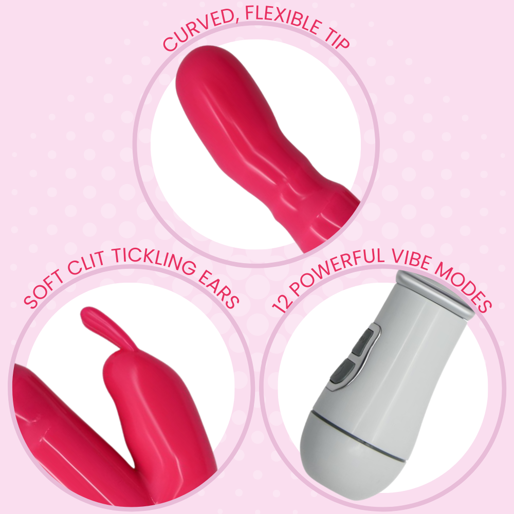 Powerful dual stimulation. Rabbit ears tickle clit. Bulbed tip massages G-Spot