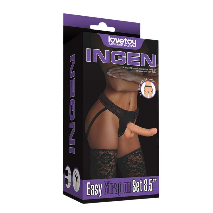 beige 8.5 Inch Easy Strapon Set as seen inside of packaging 