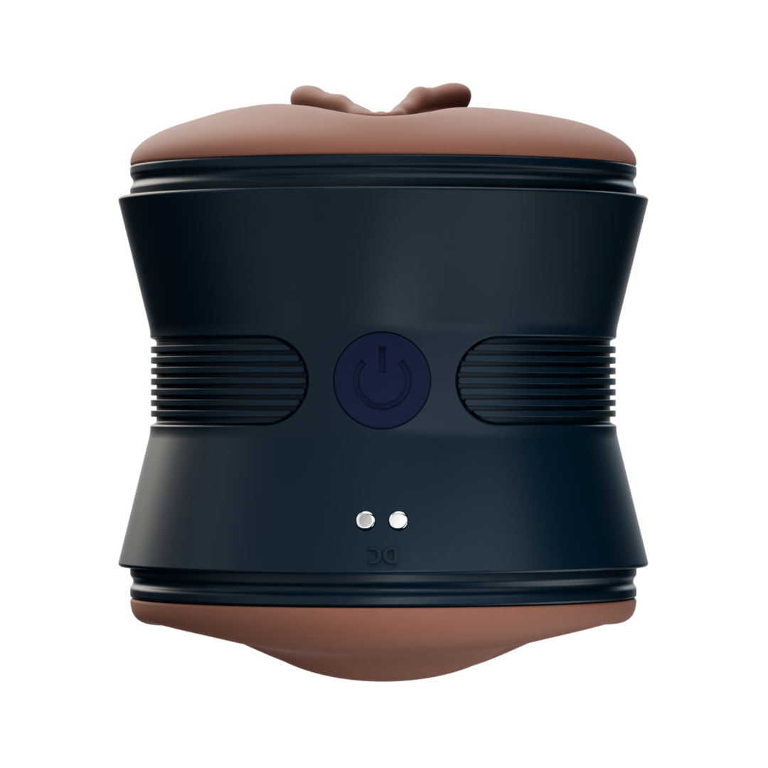 view of power button and charging dock on Pussy and Mouth Vibrating Male Masturbator 