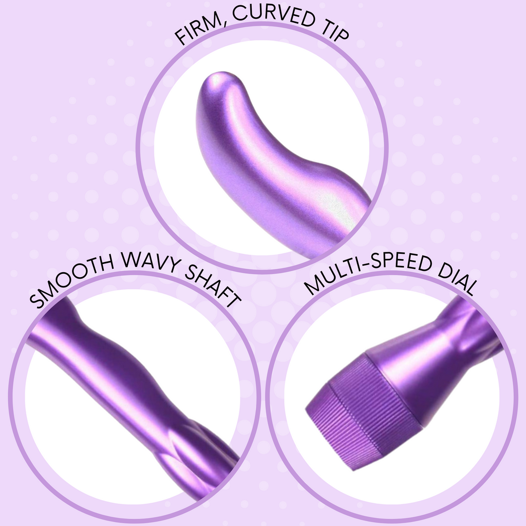 Firm, curved tip. Smooth, wavy shaft. Multi-speed dial.