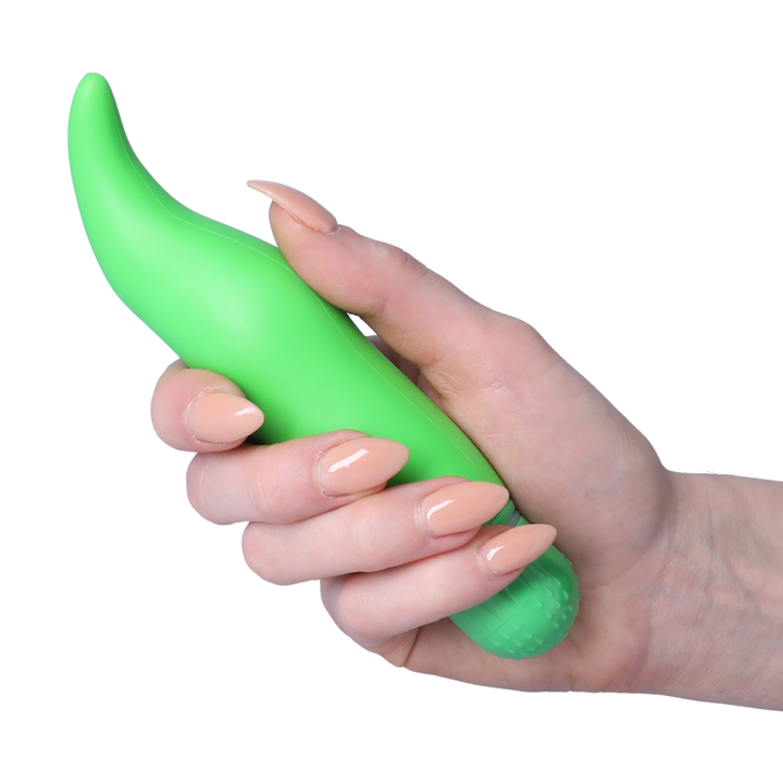 hand holding green Silicone Tickler Vibrator 
