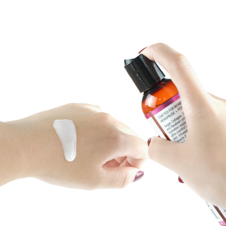 hand pumping Moonbloom for Menopause Rejuvenating Hybrid Comfort Glide Extra Sensitive 2oz onto wrist 