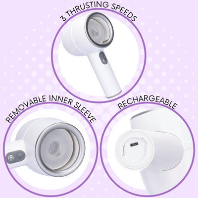 3 close-up views of the thrusting masturbator showing that is has 3 thrusting speeds, a removable inner sleeve, and it rechargeable.