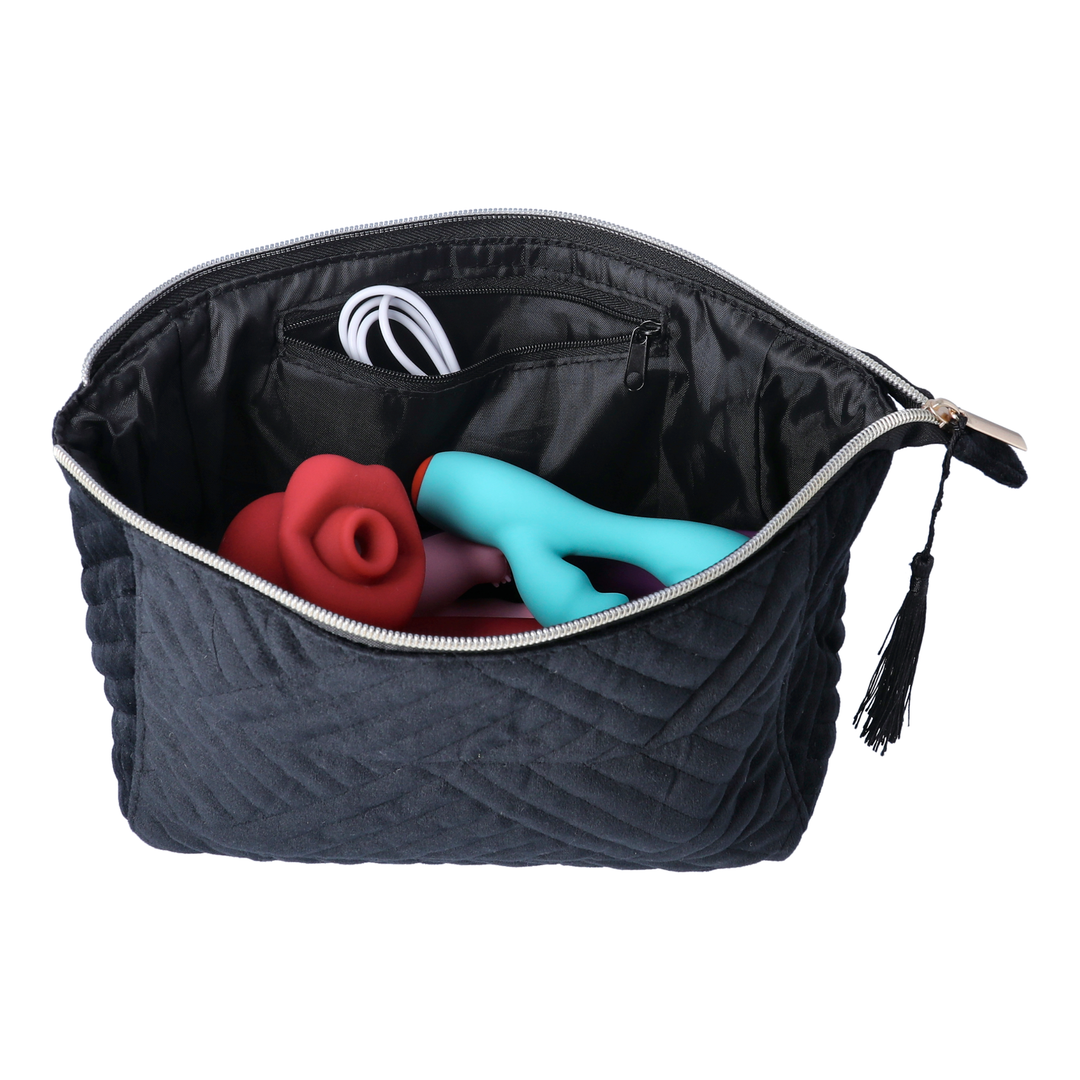 Quilted Fabric Storage Bag with sex toys and charging cables inside, waterproof interior 