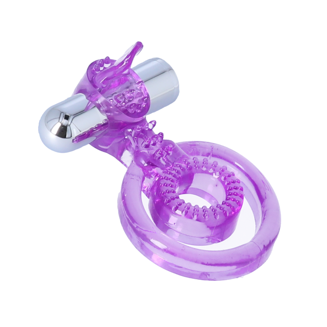 purple  Vibrating Dual Cock Ring with Clit Teasing Tongue rechargeable view of it laying flat 