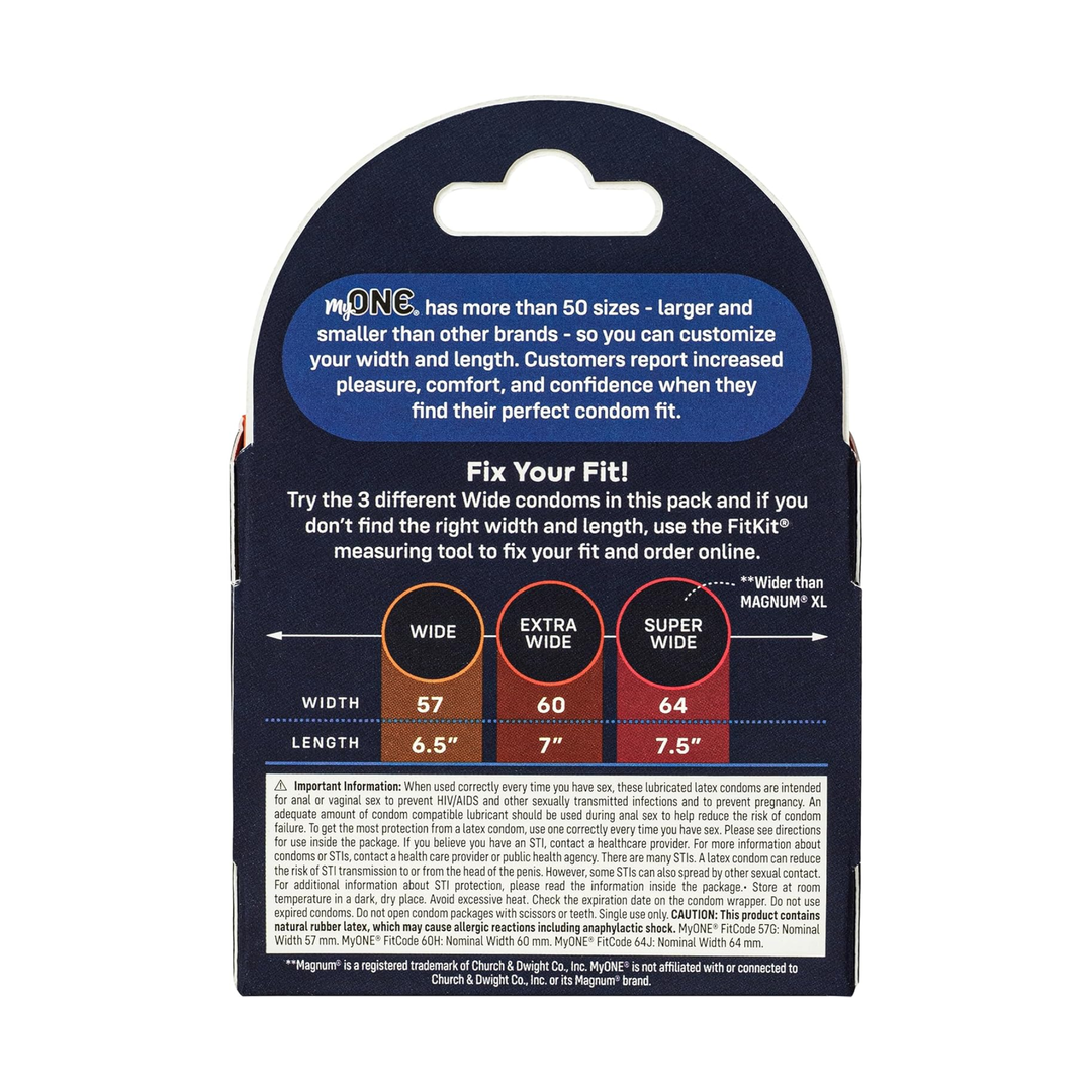 backside of My ONE Large Condoms Sampler 3-Pack packaging 