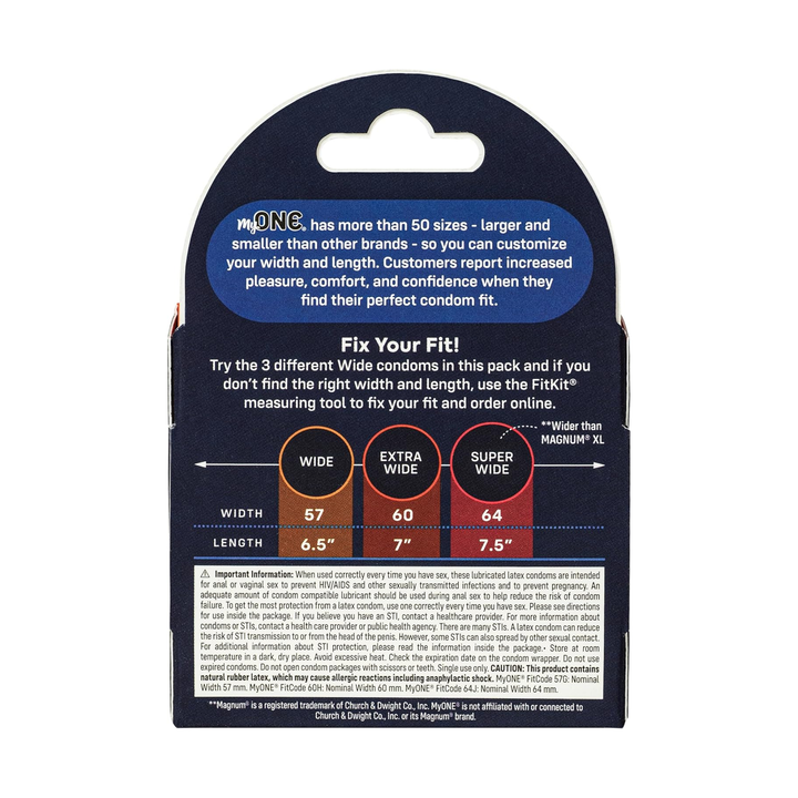 backside of My ONE Large Condoms Sampler 3-Pack packaging 