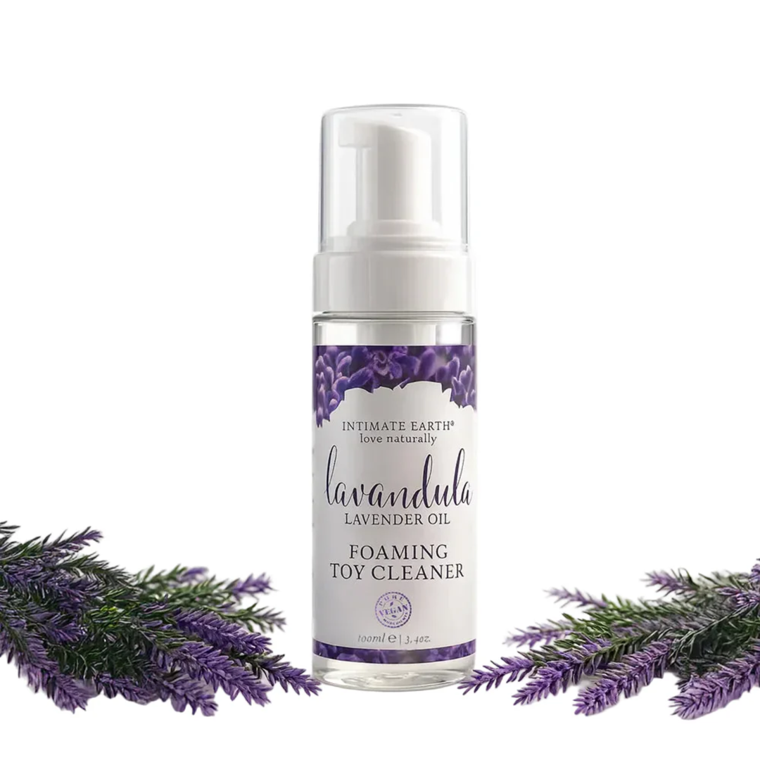 Lavandula Foaming Toy Cleaner 3.4oz as seen next to springs of lavender 