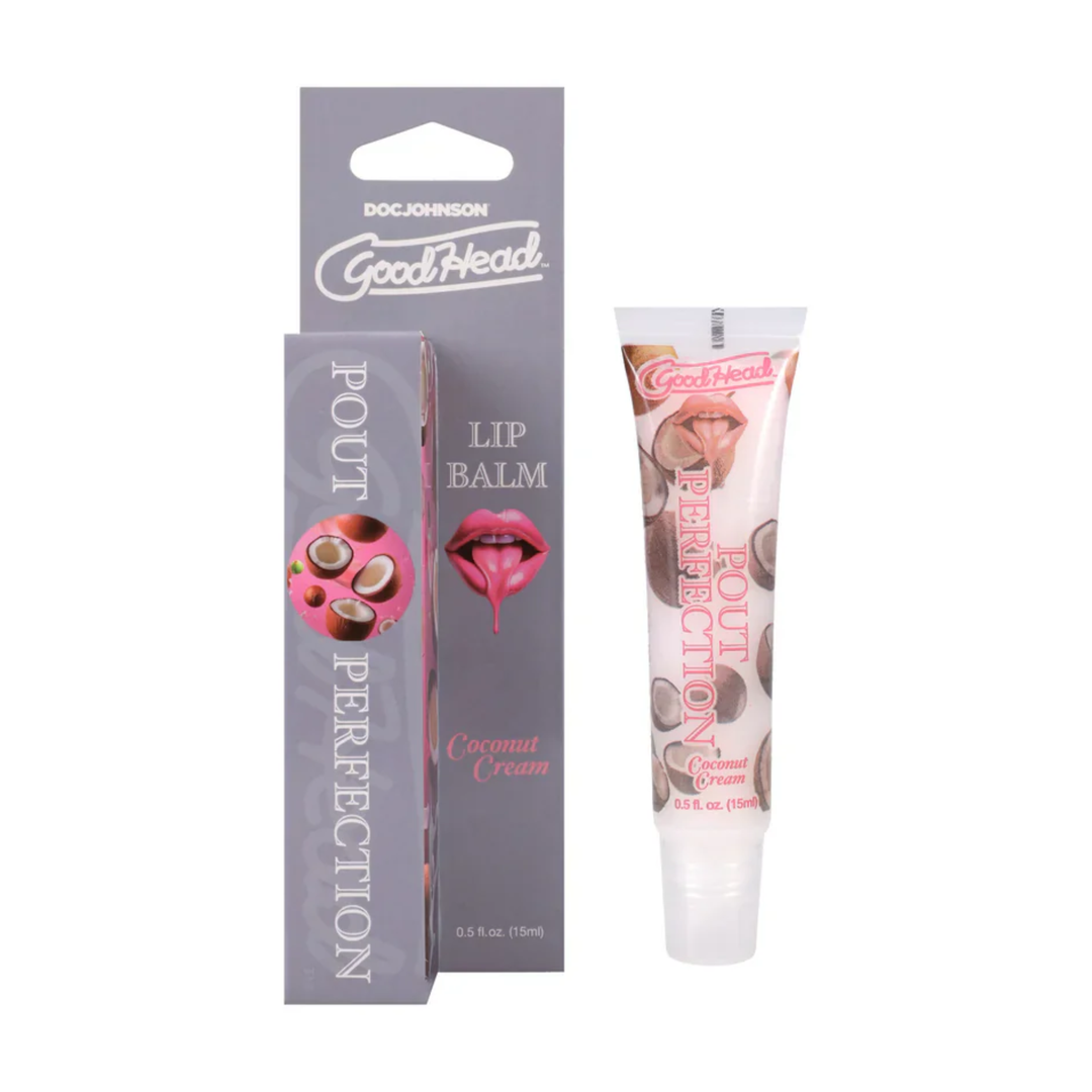 coconut cream GoodHead Pout Perfection Lip Balm as seen next to packaging 