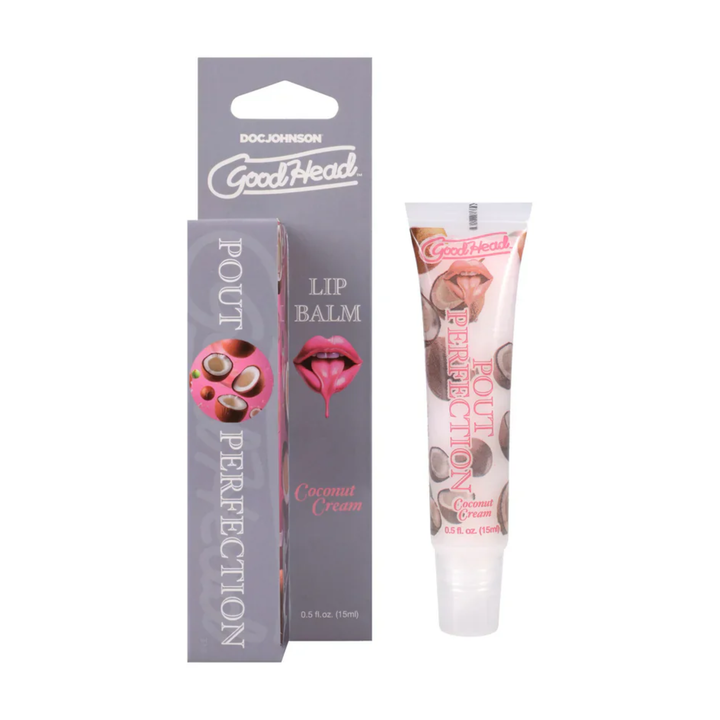 coconut cream GoodHead Pout Perfection Lip Balm as seen next to packaging 