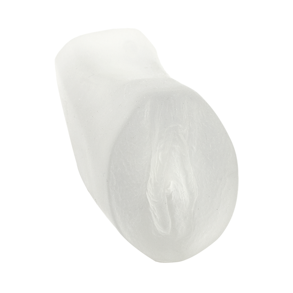 angled side view of Palm Pal Ultraskyn Masturbator in clear 