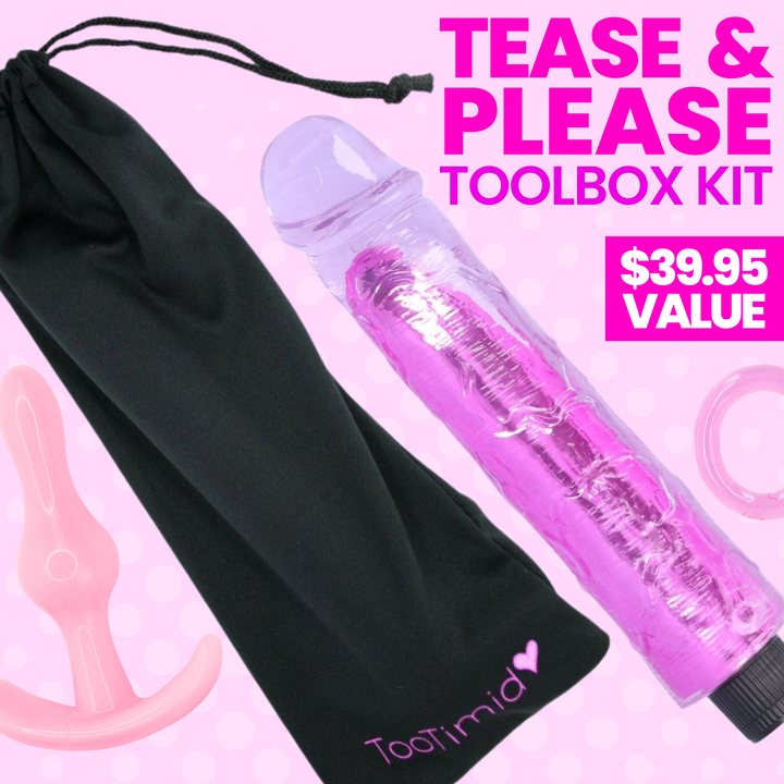 Tease & Please 4 Toy Bundle. A small toy storage bag, 8 inch realistic dildo, bulbed anal plug, and a stretchy jelly cock ring.