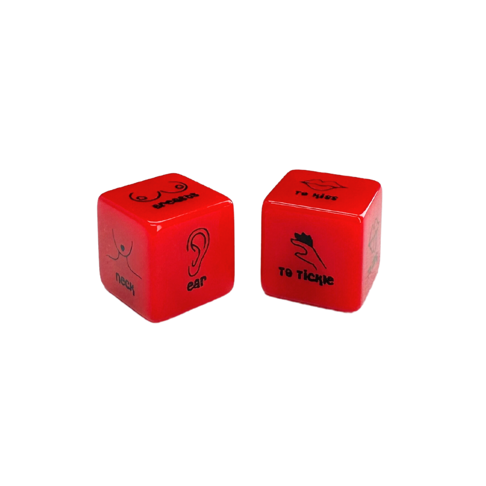 A pair of red foreplay dice with body parts on one die and directions on the other. This image shows ear, neck, and breasts on one die and "to tickle” and "to kiss" on the other die.