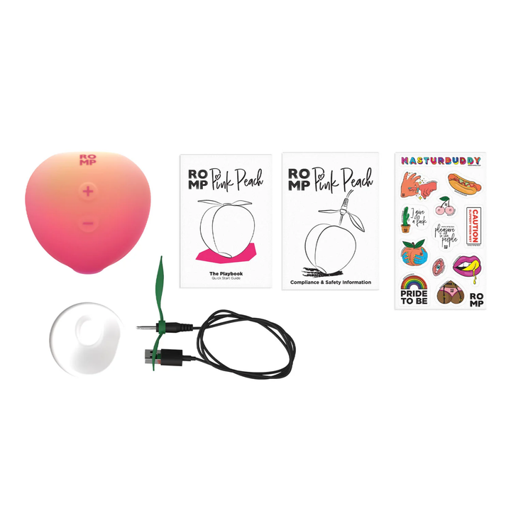 product contents from ROMP Pink Peach Rechargeable Clitoral Stimulator 