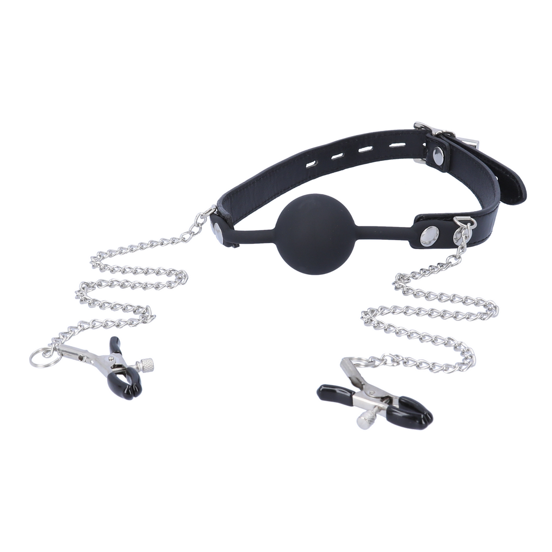 black Silicone Ball Gag & Nipple Clamps 