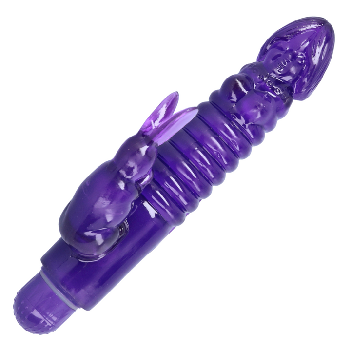 view of face detailing from purple ribbed rabbit 