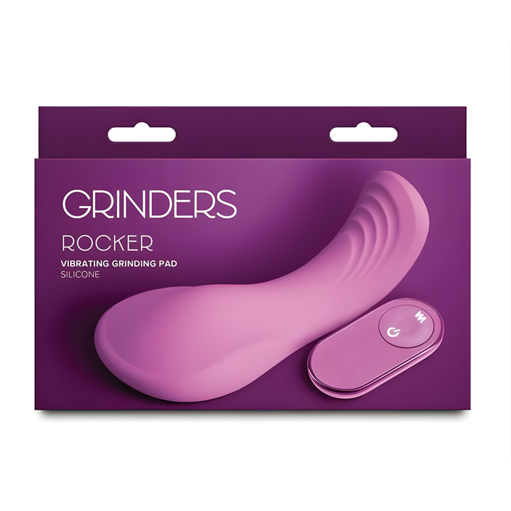 Grinders Rocker Rechargeable Silicone Vibrating Dual Motor Pad with Remote as seen inside of packaging 