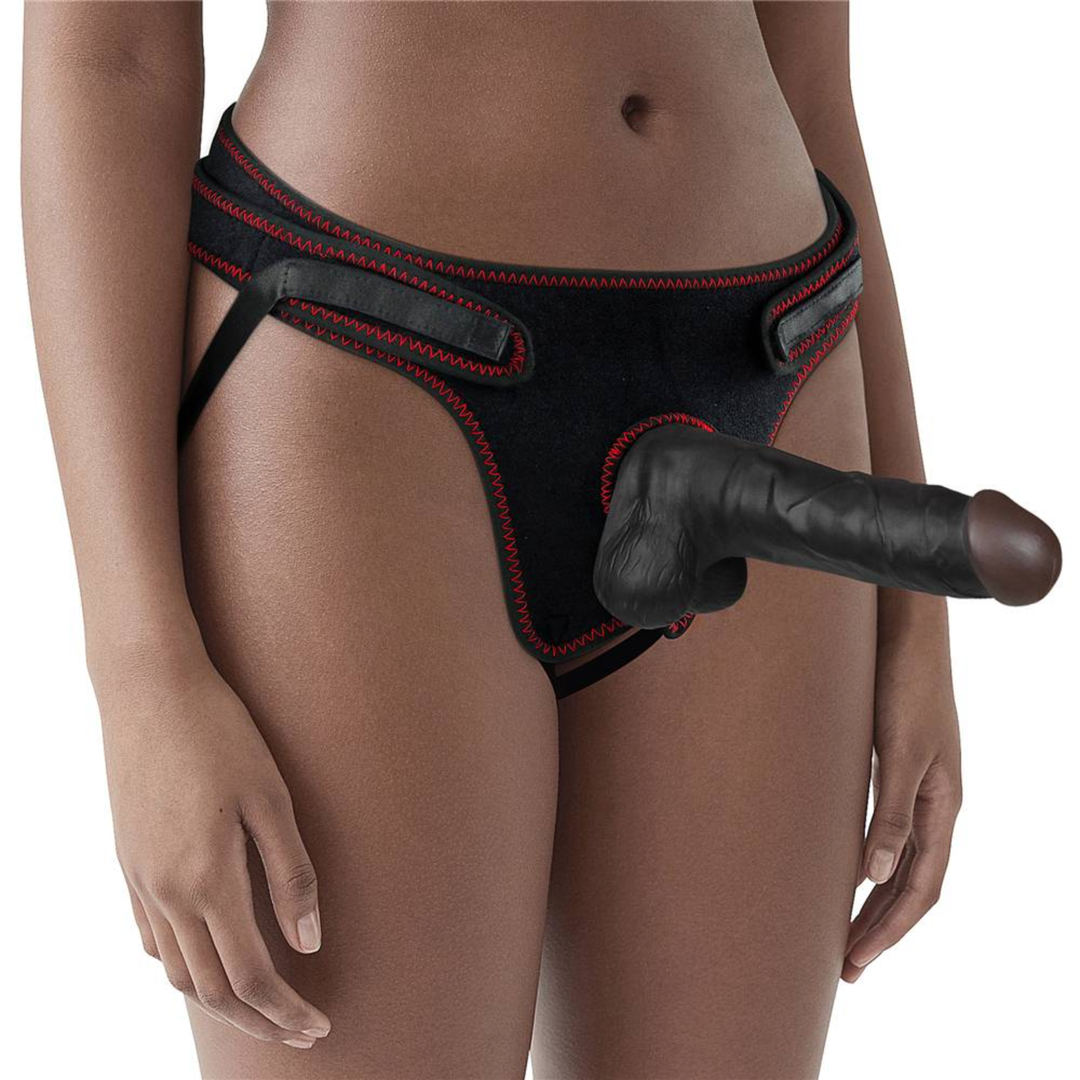 frontside view of model wearing INGEN 7.5 Inch Black Easy Strapon Set 