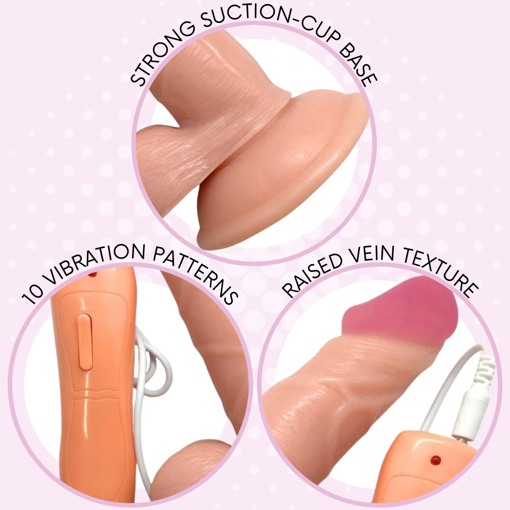 3 different close-up shots of dildo. It has a strong suction-cup base, 10 vibration patterns, and raised vein texture on the shaft.
