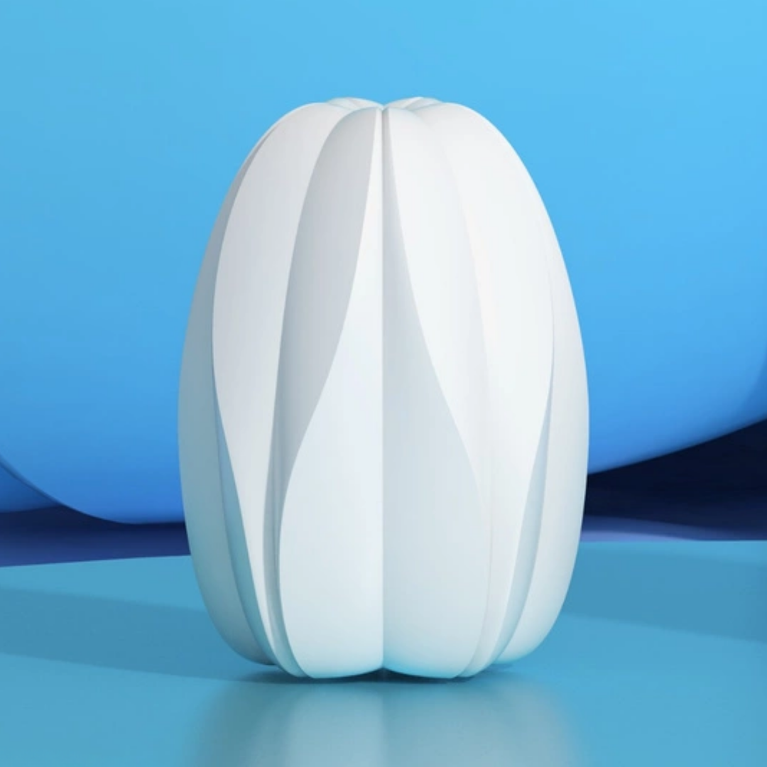 white Cherry Blossom Masturbator Egg sleeve exterior with blue background