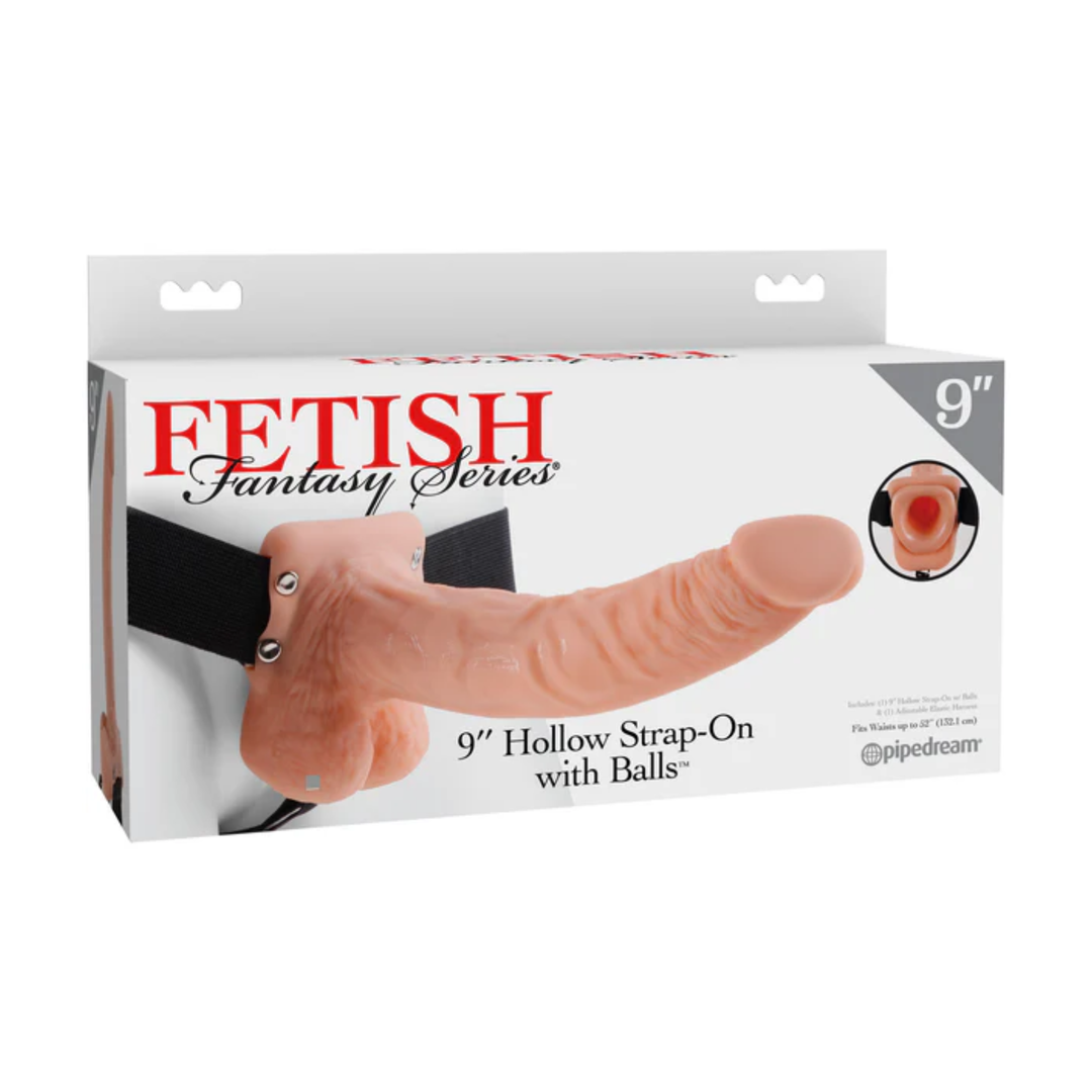 Fetish Fantasy 9 inch Hollow Strap On in beige as seen inside of packaging 