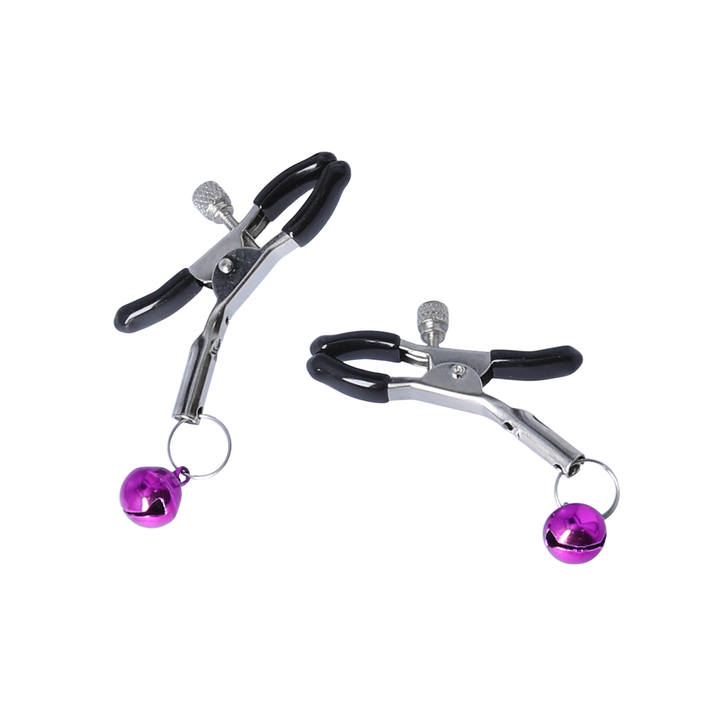 Dark Amour Nipple Clamps with Bells as seen from angled side 