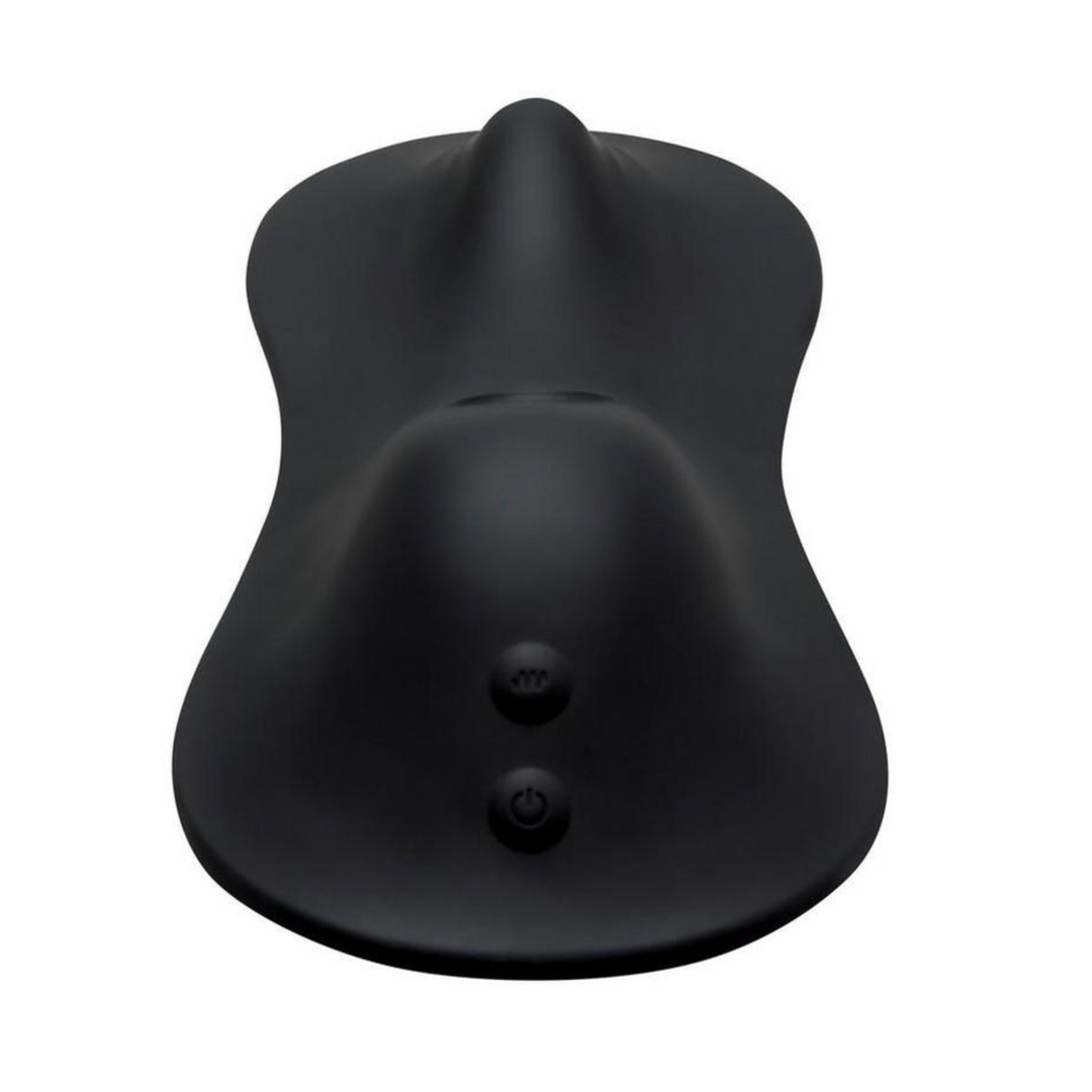 view of control buttons from Cowgirl Rodeo Rumbler Grinding Vibrating Tapping Rechargeable Silicone Dildo 