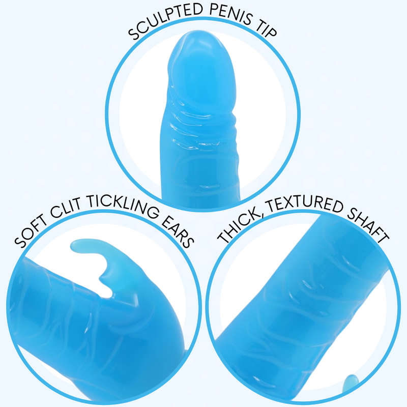 3 close-up views of the blue power rabbit showing the sculpted penis tip, the soft clit tickling ears, and the thick, textured shaft.