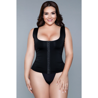Model wearing seamless top bodyshaper with hook and eye closure in black facing forward