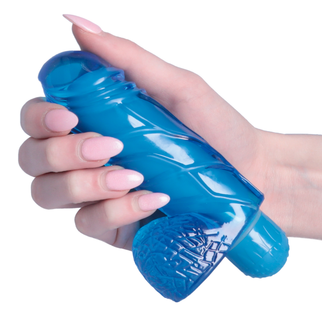 hand holding TopCat Realistic Jelly Dong with Balls - blue 