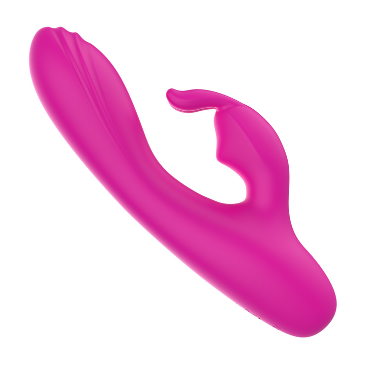 angled side view of mini pink silicone rabbit vibrator 