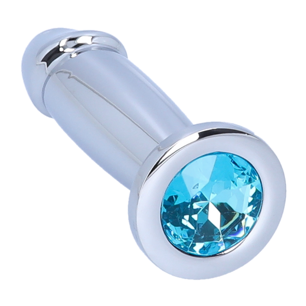 view blue jewel from penis-shaped metal butt plug 