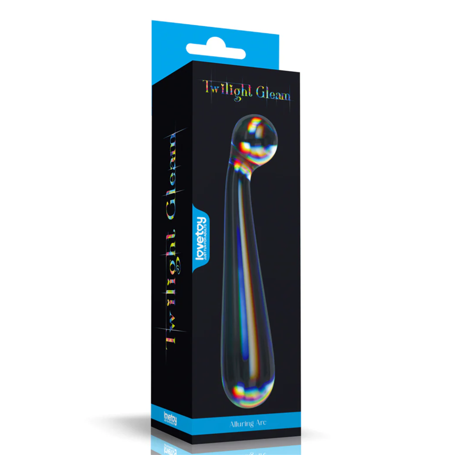 Lovetoy Twilight Gleam Alluring Arc Double Ended Glass Dildo as seen inside of packaging 