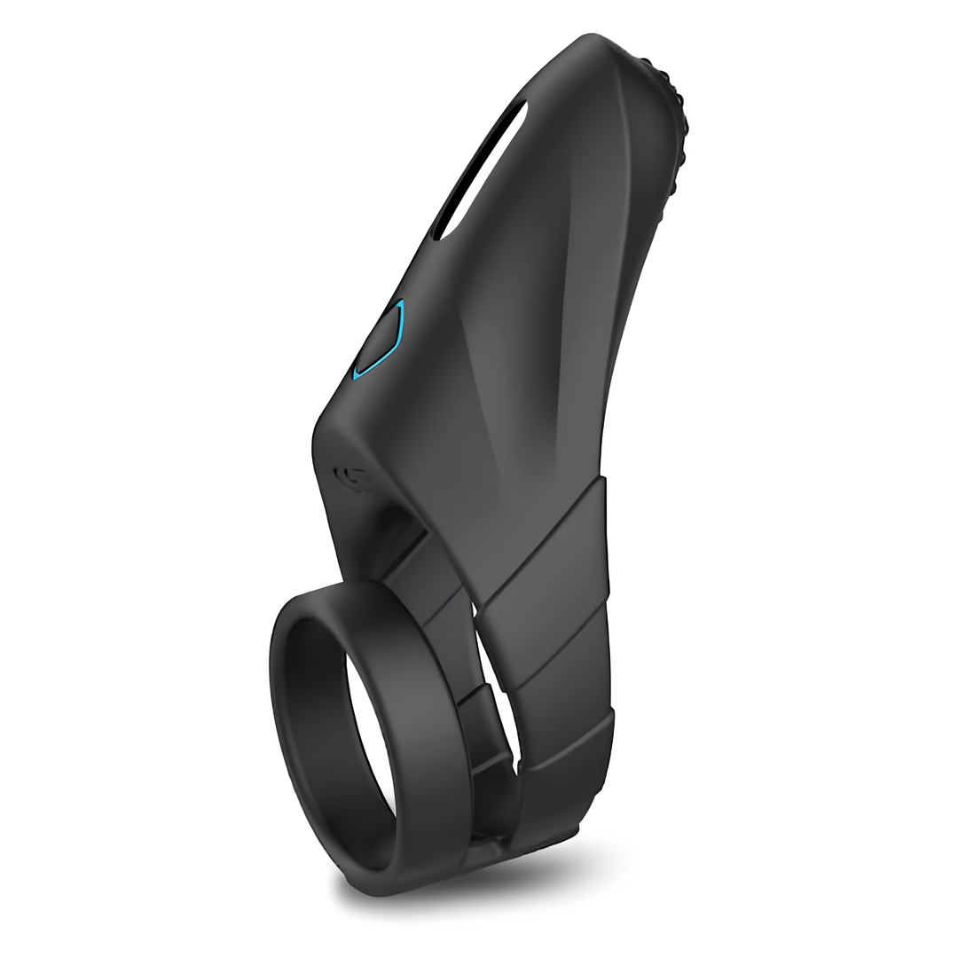 side view of Sperm Locking Dual Cock Ring with Taint Teaser smooth silicone with nubs 