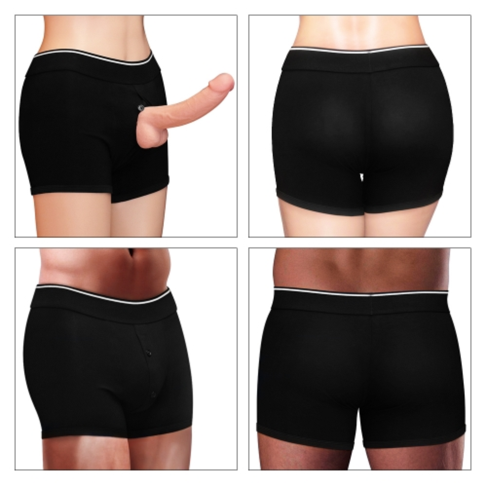INGEN lovetoy Handy Strapon shorts as seen on a man and woman front and back 