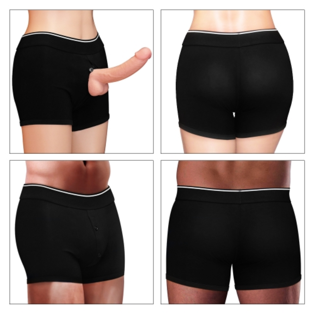 INGEN lovetoy Handy Strapon shorts as seen on a man and woman front and back 